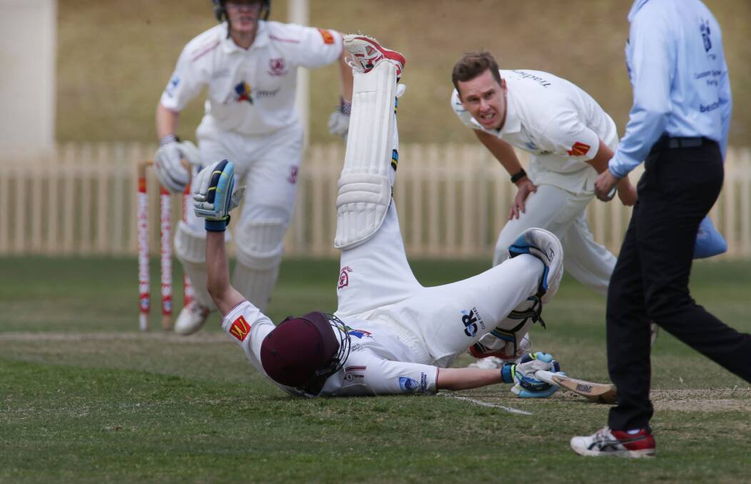 Near miss: There was plenty of action at Glenn McGrath Oval during the derby on Saturday. Picture: John Veage