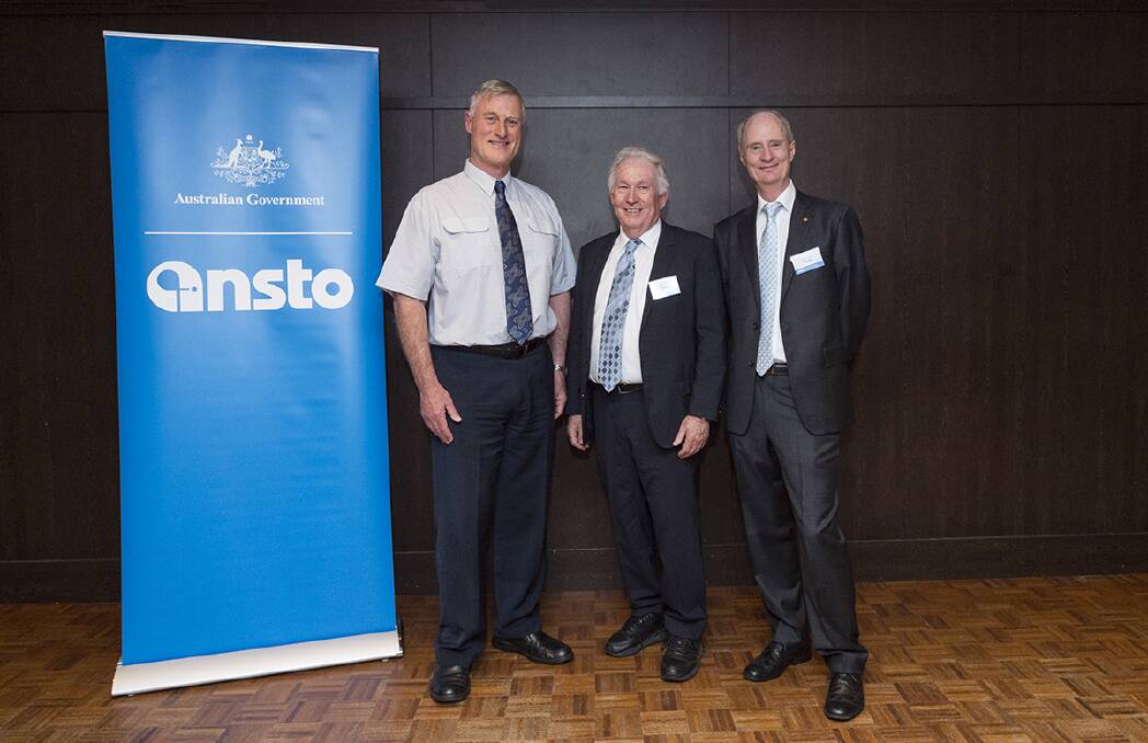 Great minds: 2017 Sustained Contribution to ANSTO Award winner Michael Druce (centre) with former winners of the prestigious award David Cohen (left) and Richard Garrett. Picture: Supplied