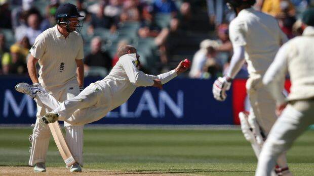What a catch: Off his own bowling, Nathan Lyon flies through the air to snare Moeen Ali. Photo: AP