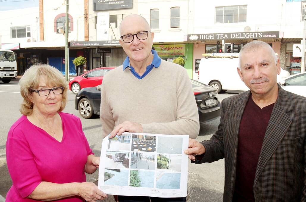 UPGRADE: Jeff Tullock (middle) with Bayside Mayor Joe Awada (right) and Councillor Liz Barlow at the Bexley Town Centre, which will have some cosmetic upgrades done in May. Photo: Chris Lane.