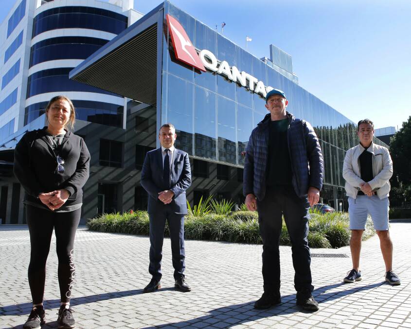 WE WANT TO WORK: Ex Qantas workers with MLC Mark Buttigieg-Anne Guirguis(left), Ivan Mora, and Peter Cullan. Picture: John Veage.