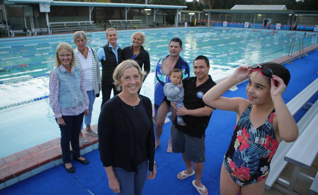 Olympic gold medal swimmer Michelle Ford (centre) and supporters inside Carss Park Pool before it was closed by Georges River Council. Picture: John Veage