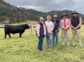 Top selling Alumy Creek Entice T188 with stud co-principal Lisa Martin, buyers Meryl and Harry Henry, Clifton Qld, with Elders stud stock auctioneer Brian Kennedy and Elders Glen Innes agent Nash Tome.