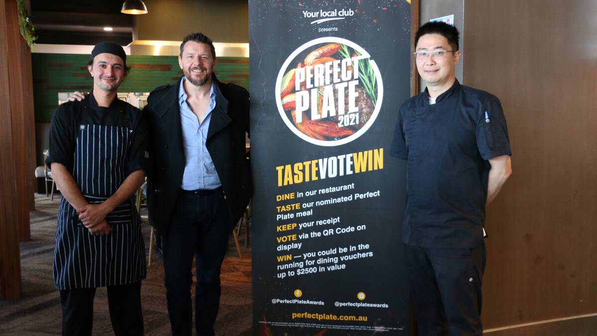Rate the plate: Perfect Plate Awards Ambassador Manu Feildel with St George Motor Boat Club chefs Terry Thamrin and Dennis Karras. Picture: Supplied