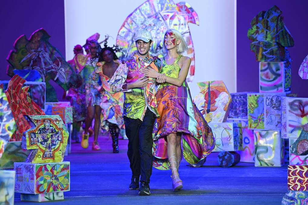 Way in to fashion: Jordan Gogos (L) presents his runway debut Iordanes Spyridon Gogos fashion show at 2021 Australian Fashion Week. Picture: Getty Images
