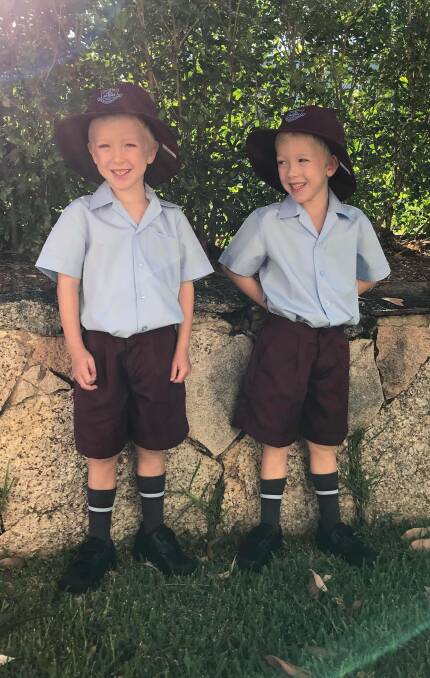 Shire twins Lochlan and Billy Larson are beginning at Holy Family Catholic Primary School Menai. Both are very different but their parents hope keeping them in the same class will smooth the transition to 'big school'. Picture: Supplied