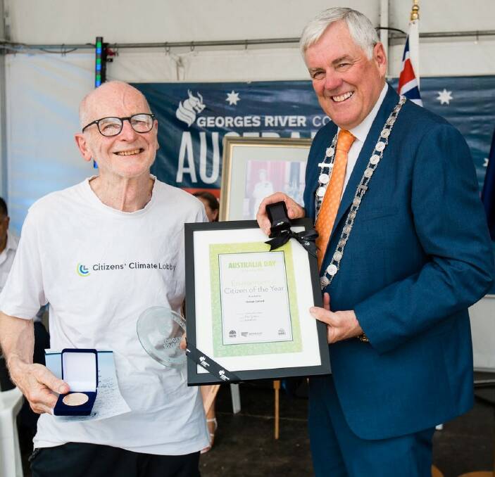 George Carrard was named Green Advocate of the Year at the 2020 Georges River Council Australia Day Awards. He is pictured with Mayor Kevin Greene. Picture: Supplied