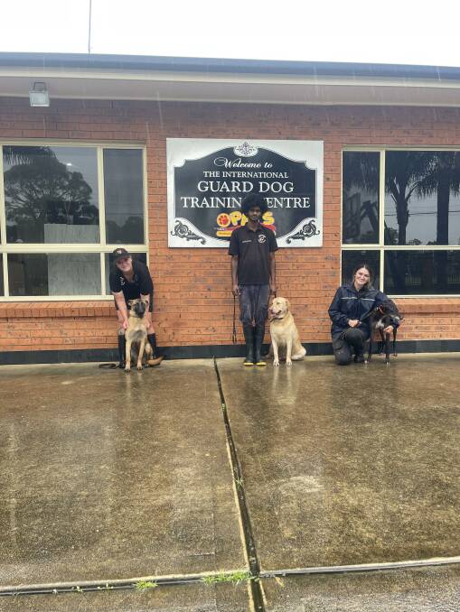 Jamie with Heidi the Belgium malinois, Shiva with Bruno the labrador retriever, and Priscilla with Bella the Greyhound. These dogs came in to the Guard Dog Training Centre from Hawkesbury residents affected by floods. Picture: Supplied