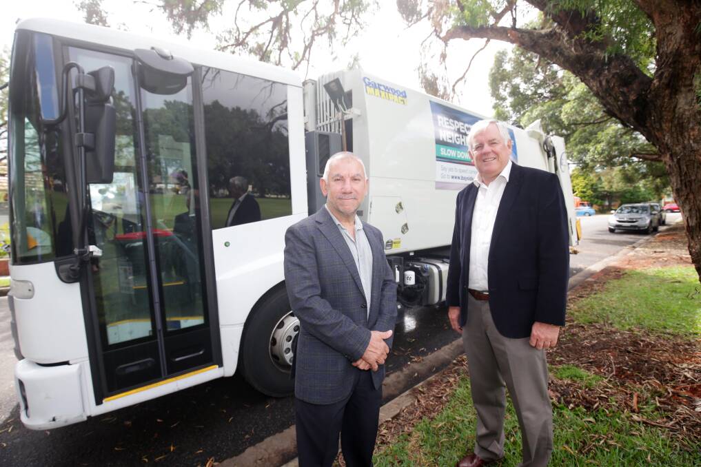 Bayside Mayor Joe Awada with Georges River Mayor Kevin Greene at Dowsett Park, Kingsgrove, on the border between the two local government areas. Picture: Chris Lane