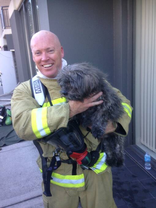 Happy ending: Hurstville firefighter Robert Rushton with Brown after the fire.
