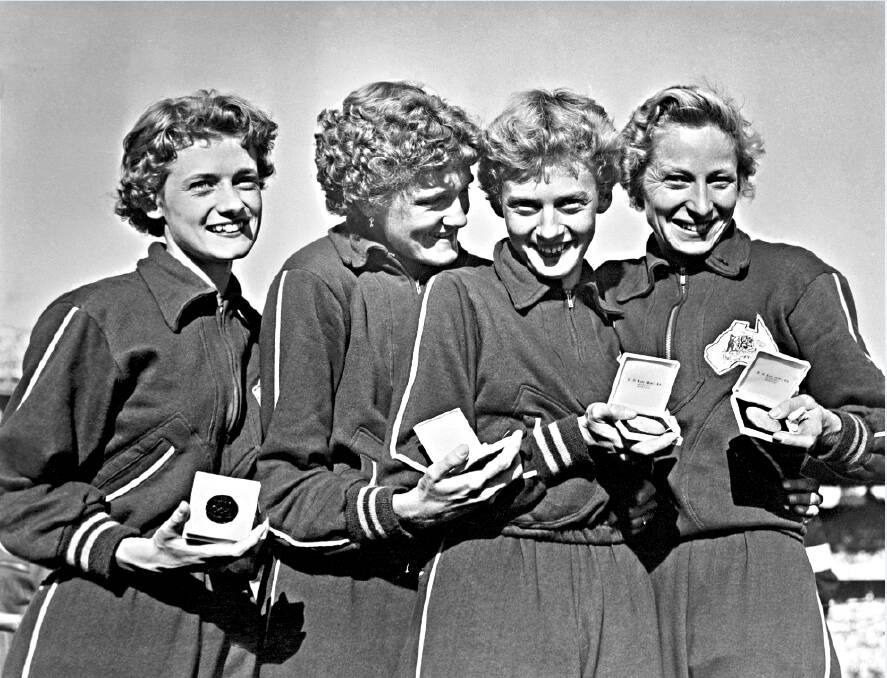 The Australian women's track relay team, Fleur Mellor, Norma Croker, Betty Cuthbert and Shirley Strickland, which won the 4x100 metres at the 1956 Melbourne Olympic Games. Picture: Supplied