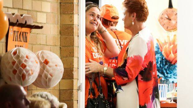 Senator Pauline Hanson consoles supporters. Photo: Fairfax Media