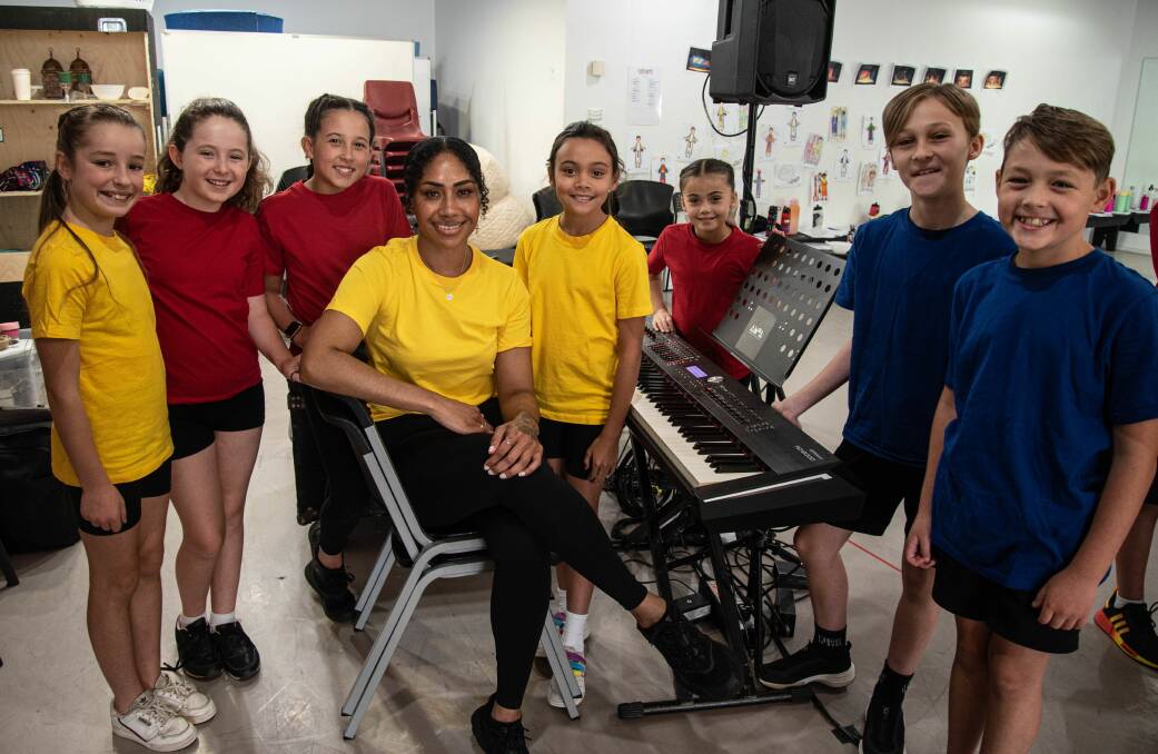 The young cast in the rehearsal room with Paulini, Leila Gruggen of Barden Ridge, Chloe Delle-Vedove of Bexley North, Matilda Teiotu of Sans Souci, Jaime Rose Griffiths of Monterey, Aleia Tiliacos of Sylvania, Reggie Davy of Gymea Bay and Finn Walsham of Illawong. Picture supplied