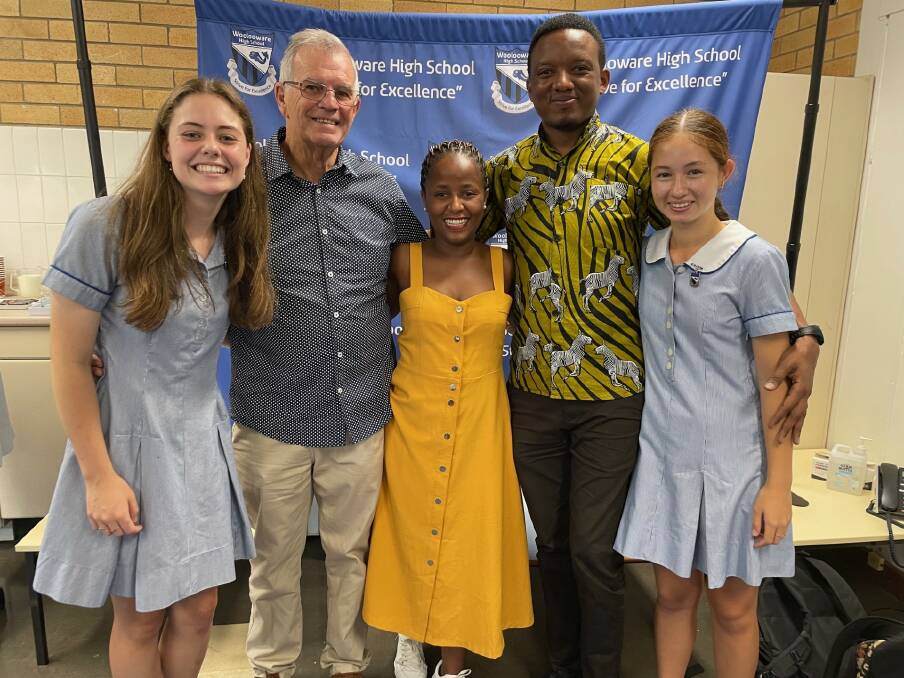 Woolooware High School celebrated a legacy that has lasted for two decades, with a school in Tanzania. Pictured are students Poppy and Grace with former head teacher Ken Coleman, Winnie Nemes and Dr Suleiman Mohammed. Picture supplied 