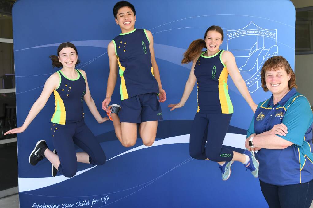 In leaps and bounds: St George Christian School jump rope team gold winners. Pictured, Lyric McDougall, Christian Maskito, Rebekah Norman with and coordinator Karen Binns.