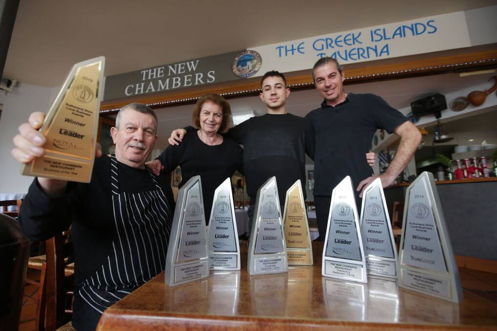 Great Greek: Business of the Year winners in the 2019 Sutherand Shire Business Awards, The Greek Islands Taverna, also known as The New Chambers Cafe Restaurant at Sutherland. Pictured is owner John Hatzikiriakos and his family team, Sotiria, Yanni, Kosta and Lynda. Picture: John Veage