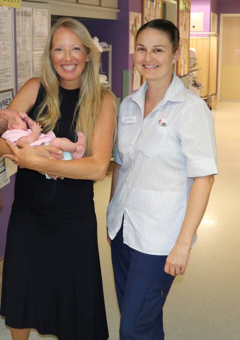 Innovative study: Cronulla mum Kelly Griffith with her baby Isabella, and St George Hospital's nurse unit manager of the special care nursery, Kate Ossman. Isabella was born six weeks premature. Mrs Griffith, who had pre-eclampsia, is participating in a study that observes how hypertension during pregnancy affects health outcomes.
