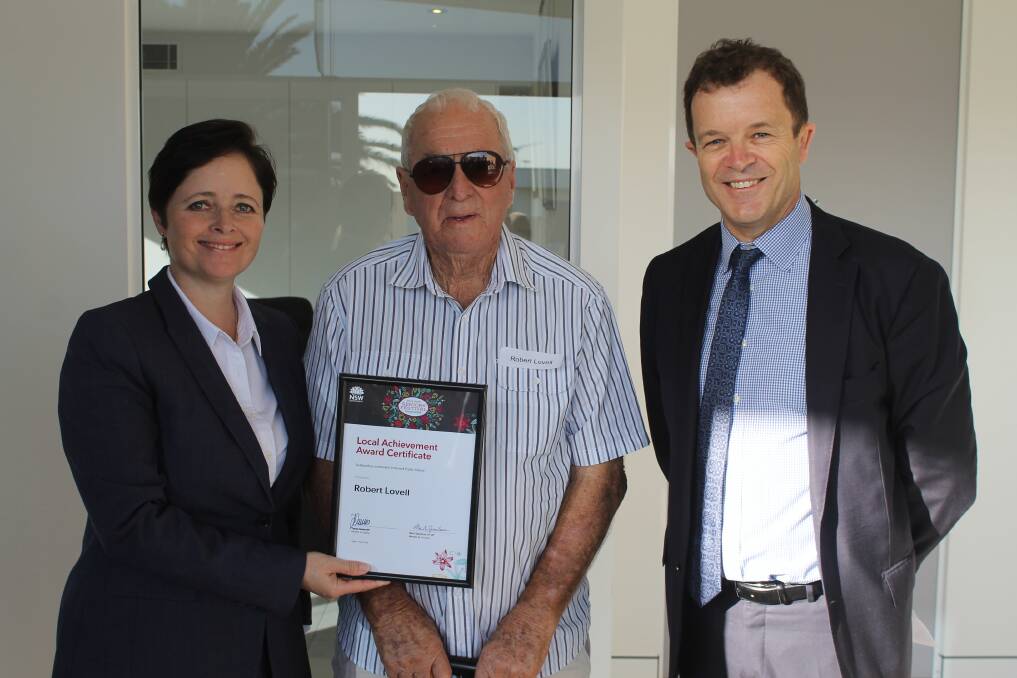 2018 recipient: Cronulla Senior of the Year winner, Robert Lovell, is pictured with Minister for Ageing Tanya Davies and Cronulla MP Mark Speakman.
