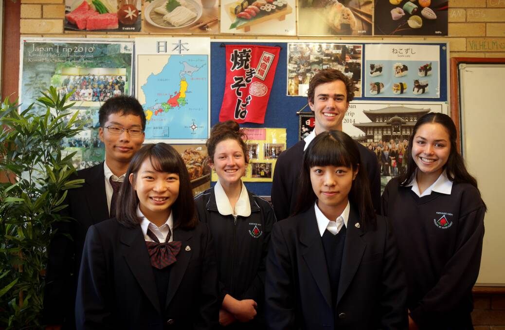 Classroom guests: Kirrawee High School students Lauryn Vader, Aden Callachor and Emica Rutter with Japanese students Shusaku Ota, Saki Takei and Moe Maeoa. Picture: Chris Lane