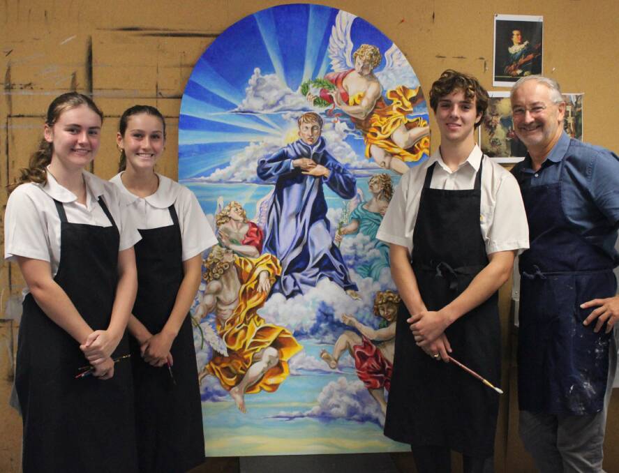 Instructional Leader of Creative and Performing Arts, Byron Hurst, worked with students Kelsea, Sienna and Finn to create an artwork depicting St Aloysius to celebrate the name change. Picture supplied