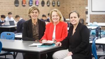 Georges River College Hurstville Principal Kathy Klados, Trish Weekes and Literacy Consultant and Deputy Principal Rachelle Pirie are seeing improvements in students' literacy thanks to the implementation of a targeted program that draws on professional learning. Picture by John Veage