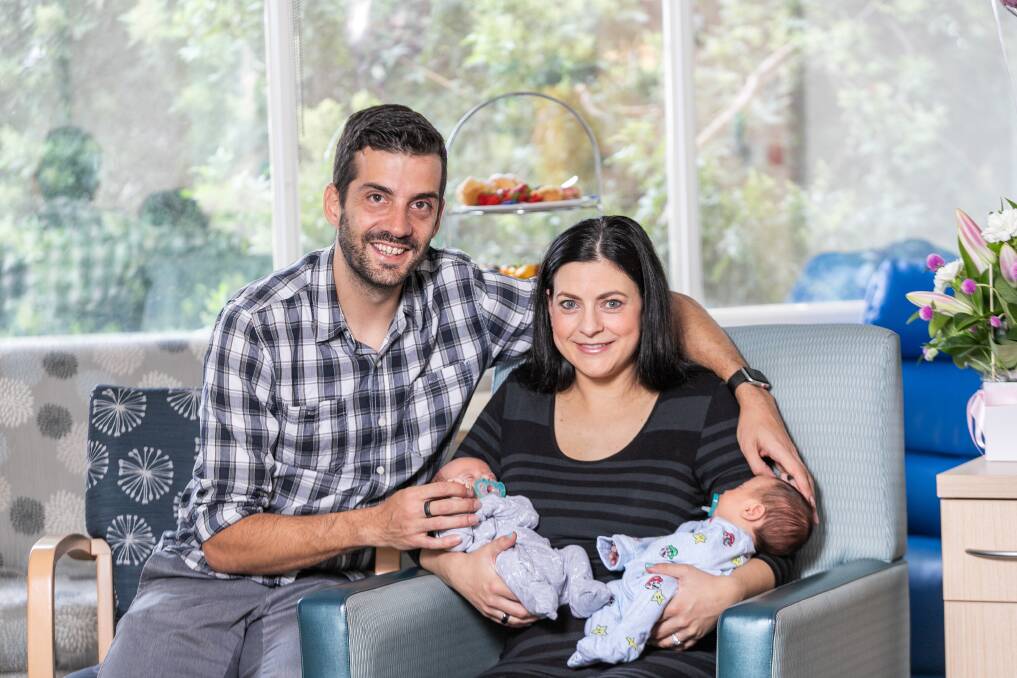 New family: Renata Macri with her husband Luis, and their twins Felix and Ziggy. The Gymea mum survived breast cancer twice, but is able to breastfeed her twins despite having a mastectomy. 