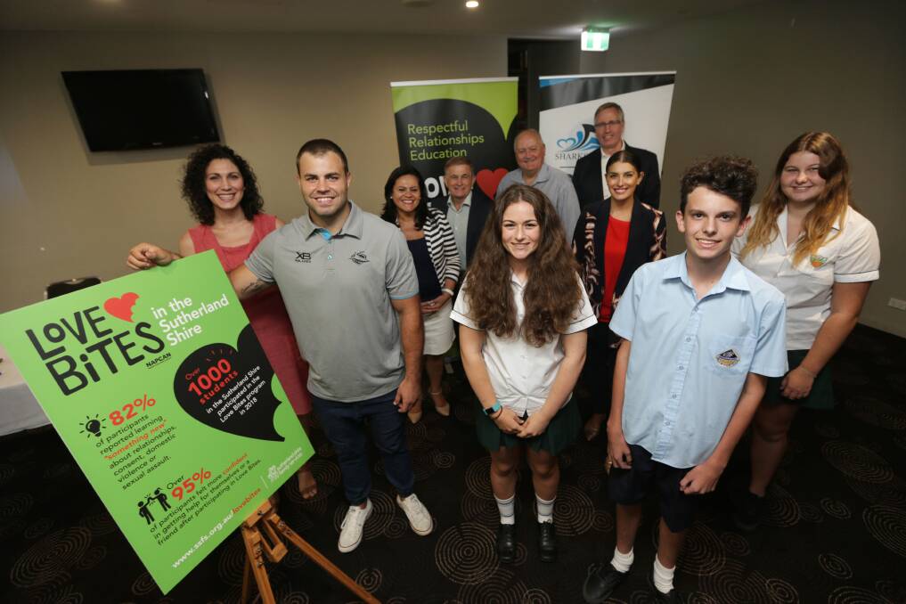 Biting down on the tough talk: Sutherland Shire Family Services and Sharks Have Heart partner on the successful LoveBites program, that delivers education about respectful relationships to year 10 students. Picture: John Veage