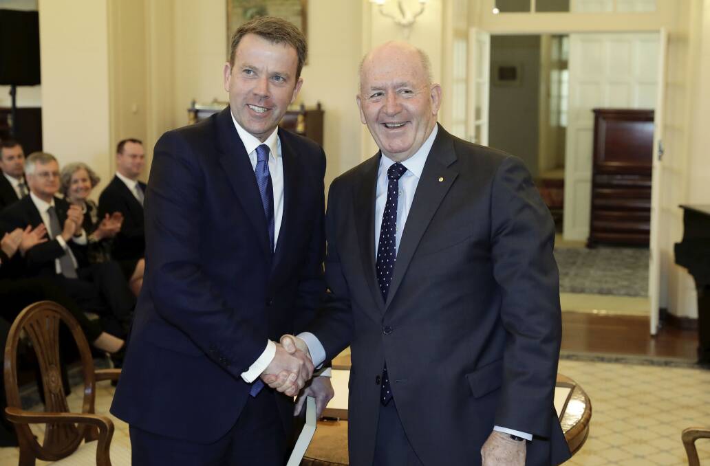 Education portfolio takeover: New federal education minister Dan Tehan congratulated by Governor-General Peter Cosgrove.
