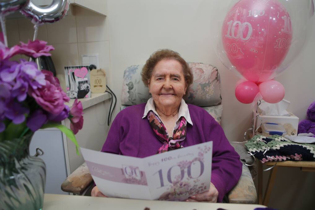 A colourful birthday: Margaret Hatfield is all smiles on her 100th birthday. Picture: John Veage