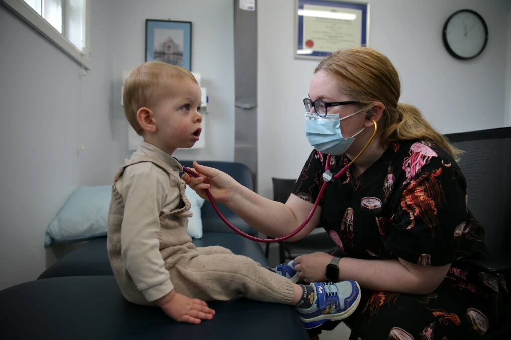Chest check: Dr Gemma Urch examines 19-month-old Mitch, at Kirrawee Family Medical Practice, which is piloting a respiratory program for children, launched to help ease the pressure off hospital emergency departments. Picture: John Veage