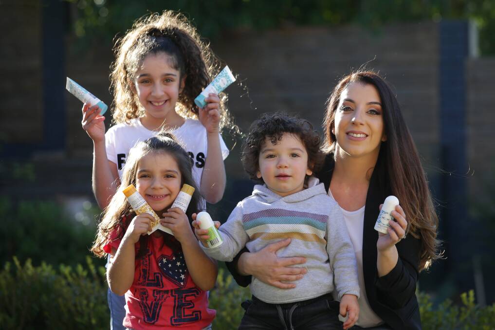'Mumpreneur': Peakhurst's Viria Charitos was inspired to launch a beauty business after having children. Pictured, Iliana, Eva and Christian. Picture: John Veage