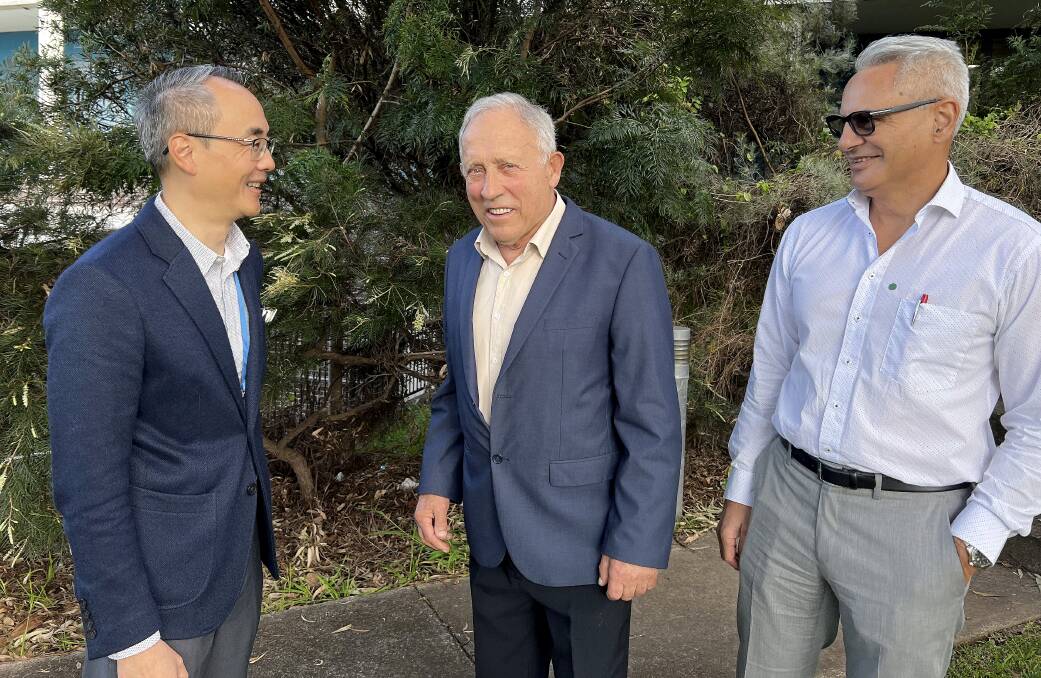 Giving back: Marko Franovic with Sutherland Hospital doctors, respiratory physician Andrew Ng and Critical Care Director Grant Bennett, who treated him when he was critically unwell. 