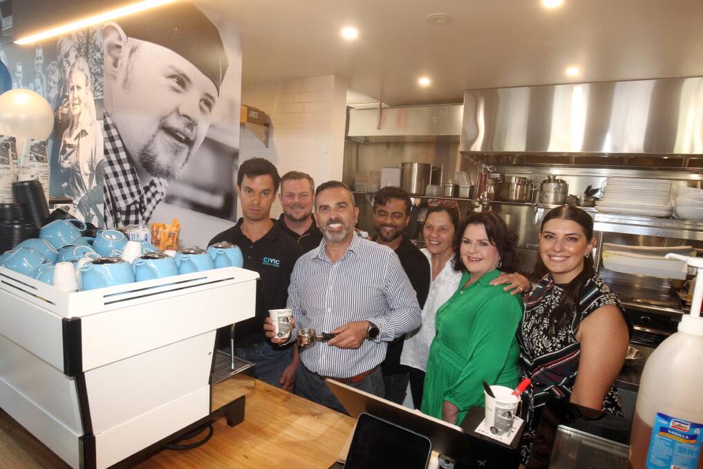 It's coffee time with Marty Anwar Puder, Joel Grove, Sutherland Shire Mayor Carmelo Pesce, Raj Uprety, Annie Doyle, Bernadette Mills and Miranda MP Eleni Petinos. Picture by Chris Lane