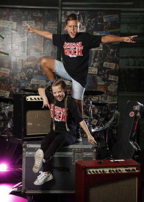 Rock 'n' Roll: Billie-Rose Brotherson, 11, of Miranda and Joel Bishop, 9, of Cronulla, at rehearsals in Sydney for School of Rock, Brisbane.