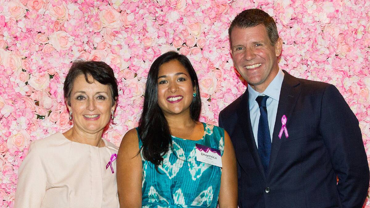 Winning work: Minister for Women, Pru Goward, and NSW premier Mike Baird congratulate Dharmica Mistry on her award that recognises her scientific research in breast cancer detection.