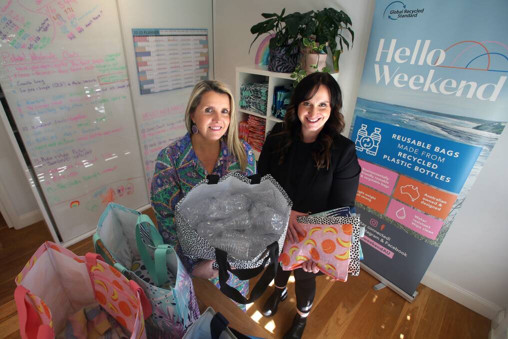 Go green: Hello Weekend, which uses recycled bottles to make large tote bags, was founded by Sutherland Shire cousins Sally Groat and Rebecca Heaydon. Picture: John Veage
