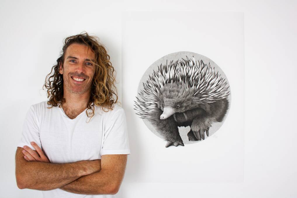 Slow and steady: Cronulla artist Dean Spinks with one of his echidna sketches that was featured in a recent exhibition. 