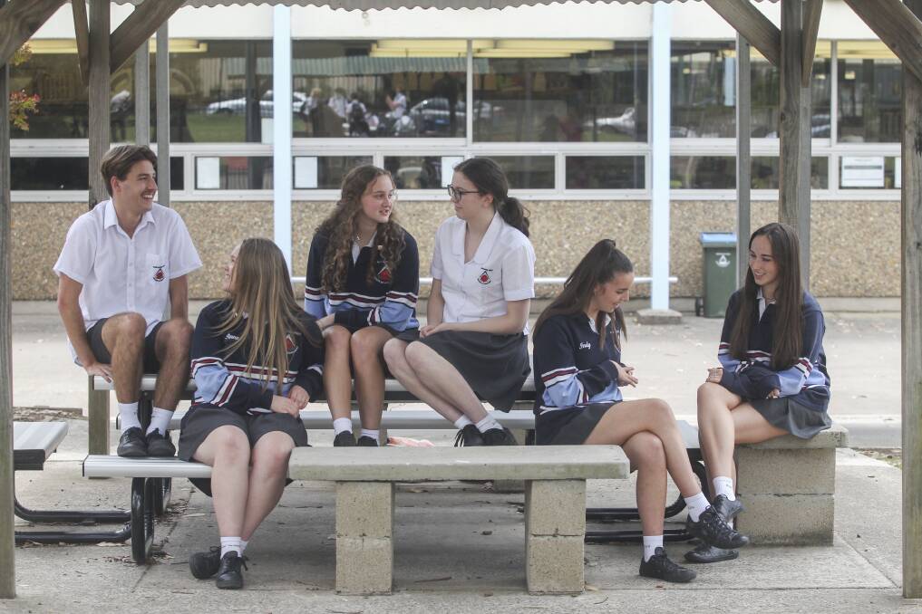 Month of tests: Corey Moors, Anna Elyard, Tess Curtis, Alana Roach, Indy Ellis and Capri Bridgeman pictured after their French HSC exam. Picture: Simon Bennett