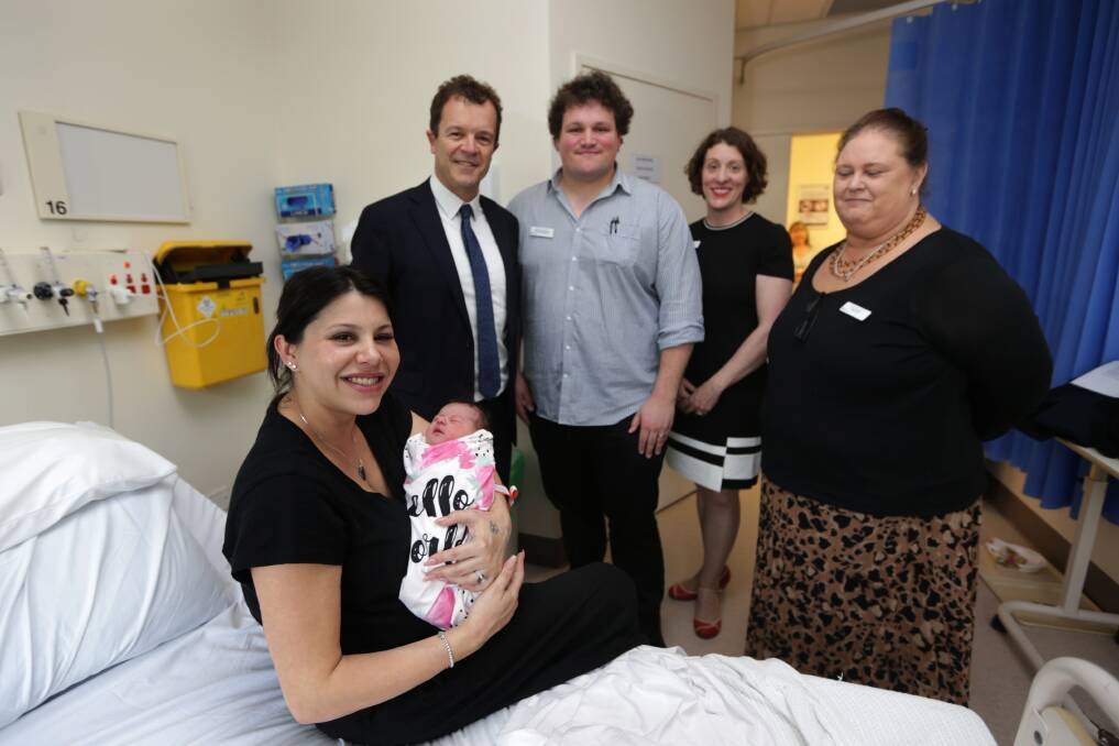 Nurturing parental support: Baby Evie and Chantelle with Attorney General Mark Speakman, midwife Chris Findlayson, district director of nursing and midwifery Kim Olesen and midwifery and nursing manager Rebecca Moore. Picture: John Veage