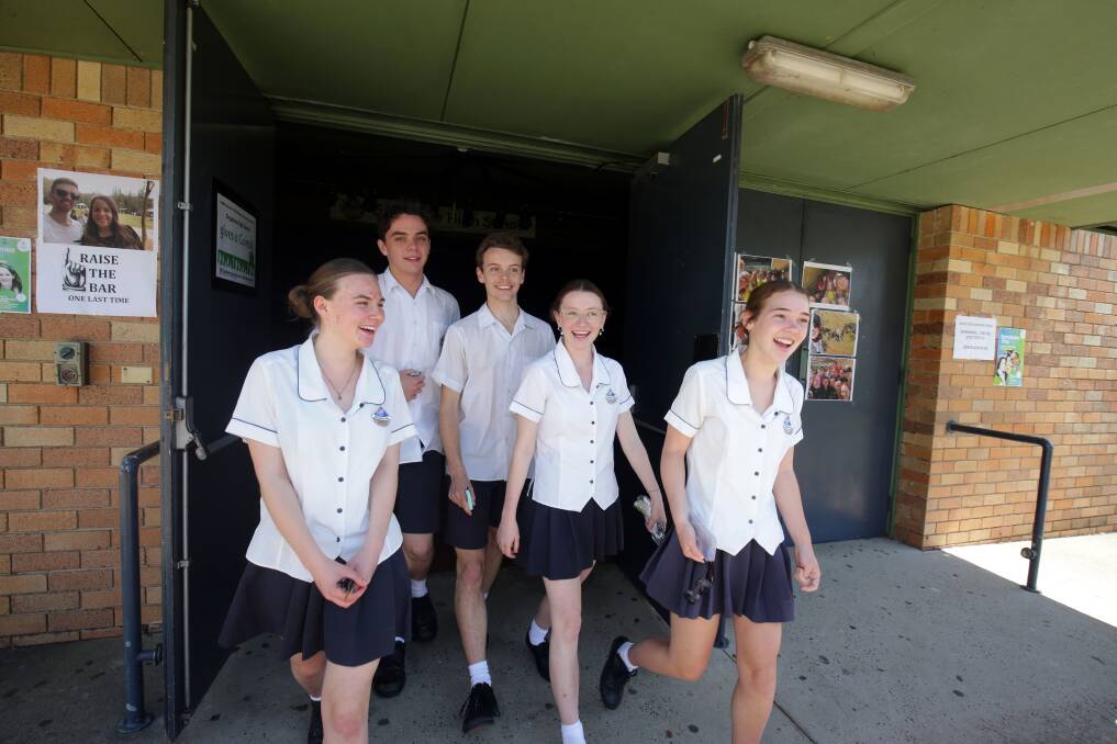 First one done: Engadine High School students wrap up the first day of HSC exams, with English Paper 1. Picture: Chris Lane
