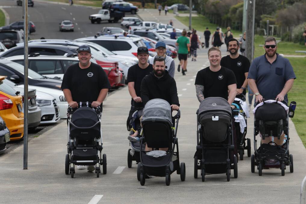 Boys and bubs: A support group for fathers in Sutherland Shire is becoming a whopping success. It was launched by Jesse Benson (third from right), who says all dads are welcome. Picture: John Veage