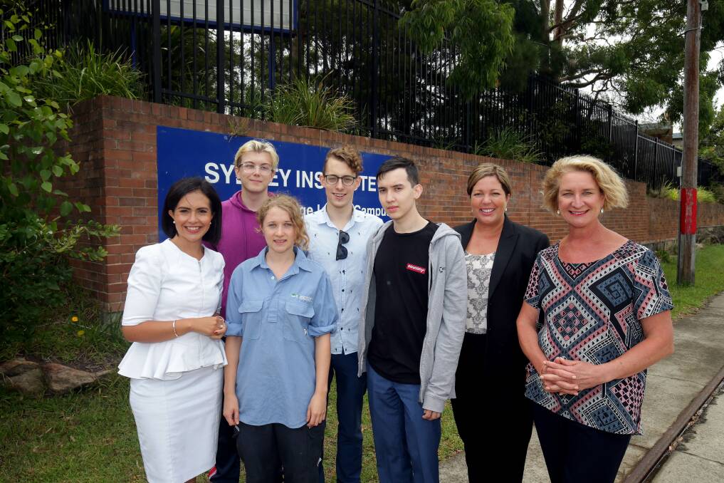 Loftus TAFE students Emma Andrew, Jack Foyle, Julian Carter and Joshua Crawford, with Labor Shadow Minister for TAFE and Skills, Prue Car, Teressa Farhart, and Labor candidate for Heathcote Maryanne Stuart. Picture: Chris Lane