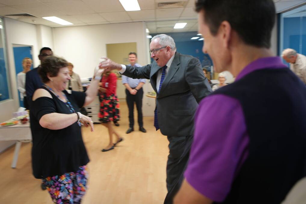 Moving forward: Health Minister Brad Hazzard showed off his dancing skills at the facility that promotes physical exercise for seniors. Picture: John Veage