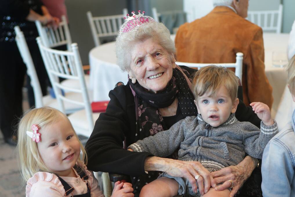 Family love: Ruth Mary Parker with her great-great grandchildren Ariah and Cohen Doniger. Picture: John Veage
