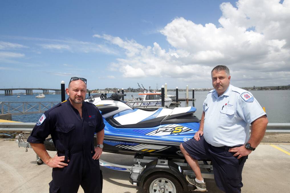 Water warning: Roads and Maritime Services executive director Angus Mitchell and boating safety officer Ryan McIlraith are on the lookout. Picture: Chris Lane.
