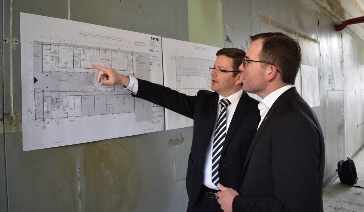 Building skills: Oatley MP Mark Coure with Minister for Tourism and Major Events and Assistant Minister for Skills, Adam Marshall inspect progress of a new training facility at TAFE NSW St George.