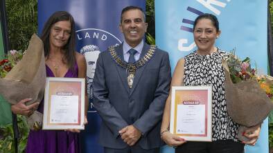 Citizens of the Year: Citizen of the Year was won by pancreatic cancer education campaigner, Megan Barnes (left) and Danielle Lucas of Care for Kids. They are pictured with Sutherland Shire Mayor Carmelo Pesce at the ceremony on Australia Day.