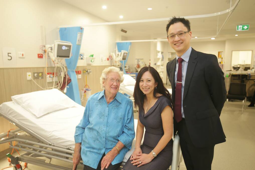 Pacing on: A pacemaker has made a world of difference to Jean Ferguson, 90, who is pictured with Hurstville Private Hospital doctor Ee-May Chia and cardiologist Calvin Hsieh. Picture: Chris Lane