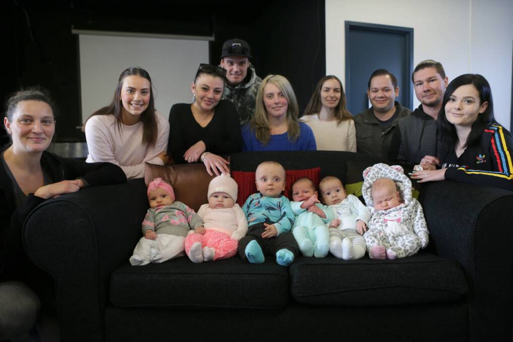 A young parenting program is proving to be in-demand in Sutherland Shire. Pictured at front are babies Layla, Havana, Hartley, Laithe, Andrew and Daphne. Picture: John Veage