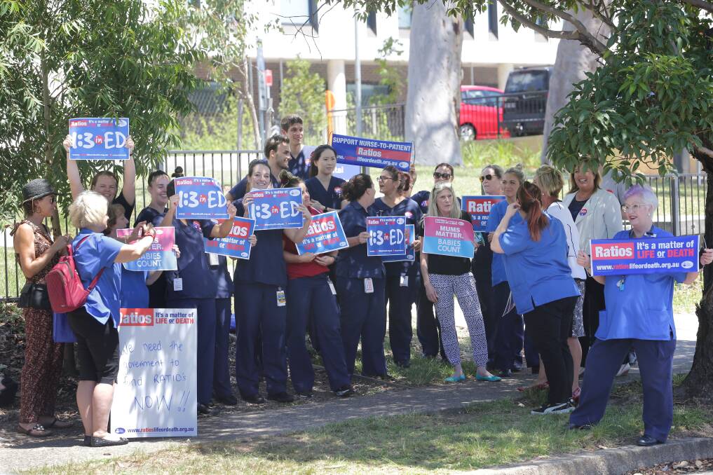 Voicing medical presence: Nurses and midwives rally outside Sutherland Hospital on Friday. Picture: John Veage